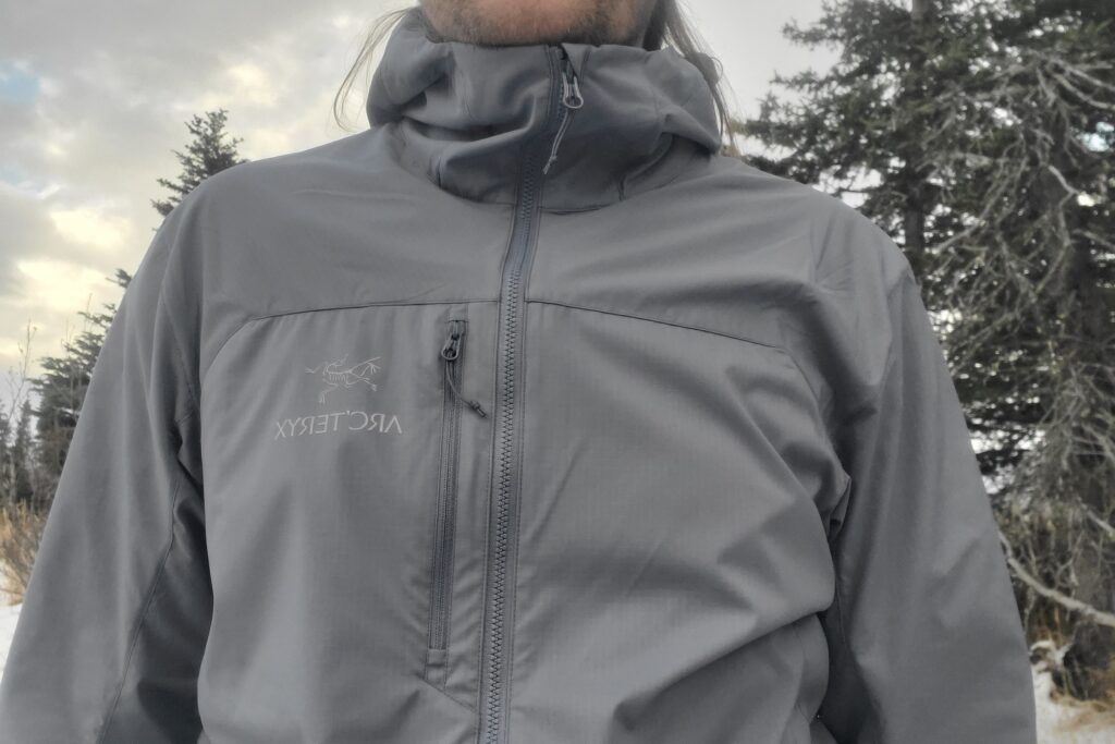 A closeup of the chest of a windbreaker jacket.