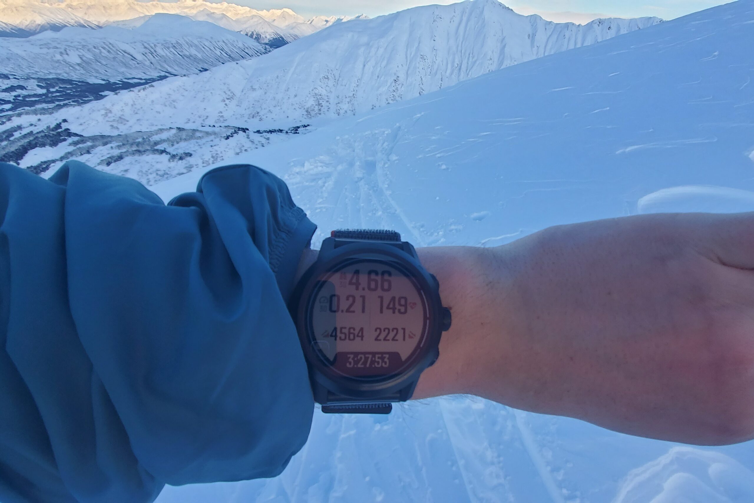 A watch worn on a wrist with a snowy mountain background.