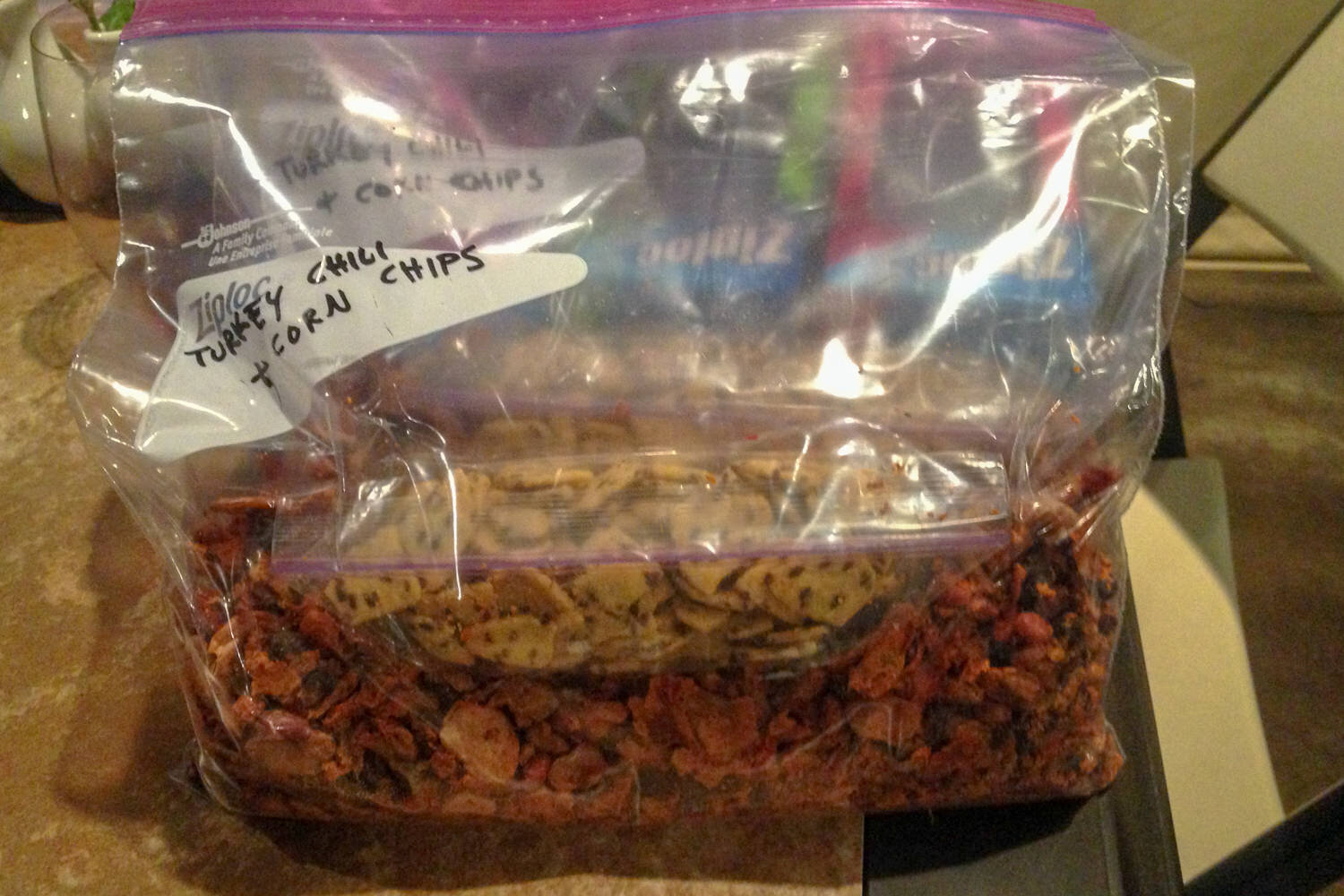 dehydrated chili and chips in a plastic ziploc