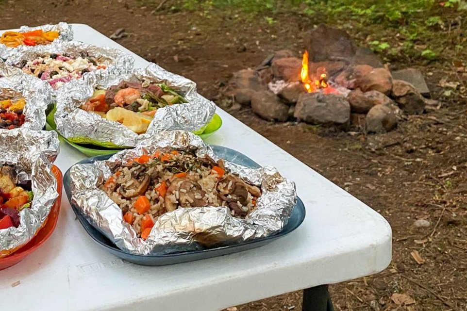 foil packet meals opened on a table