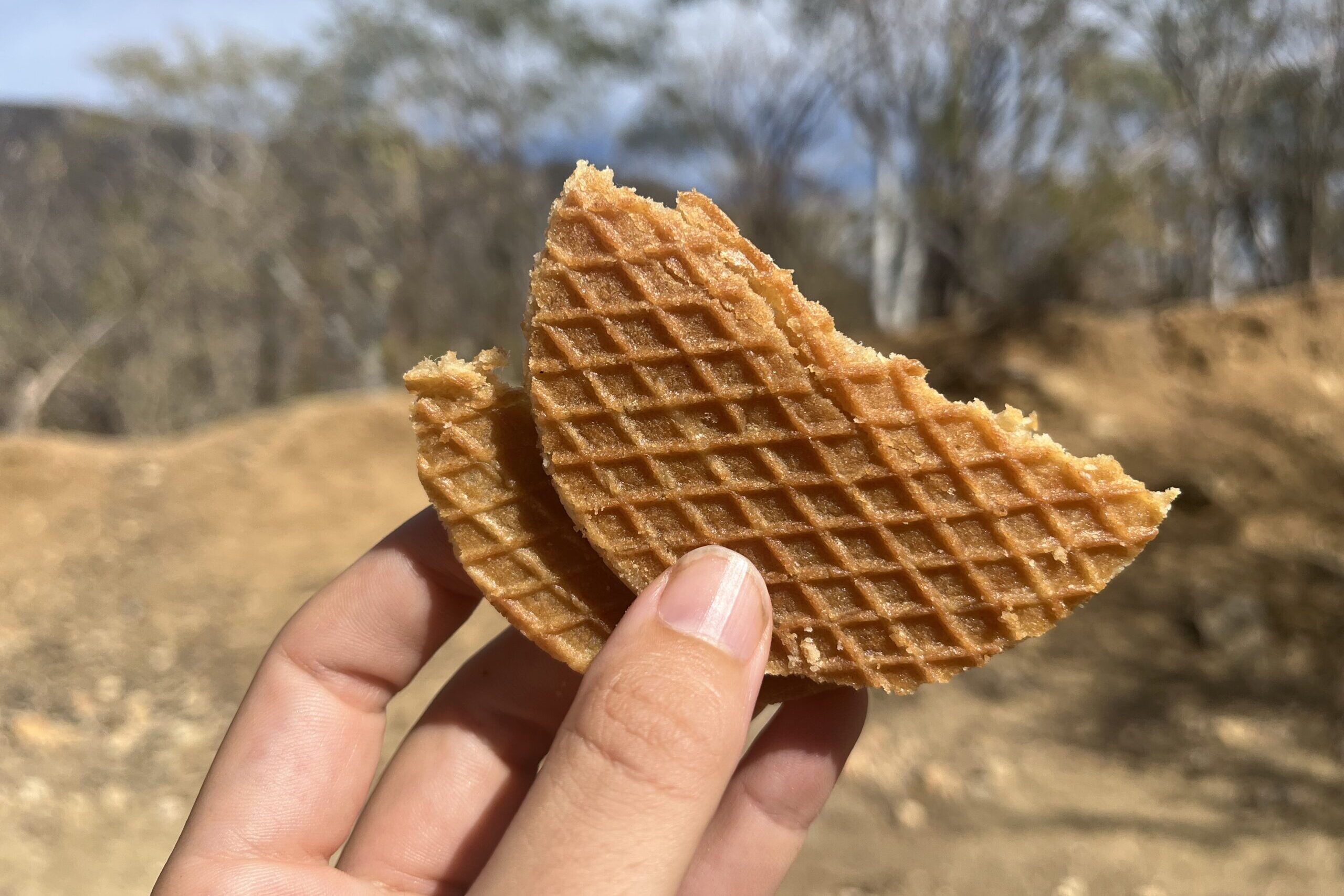 hand holding up honey stinger energy waffle in mountainous setting