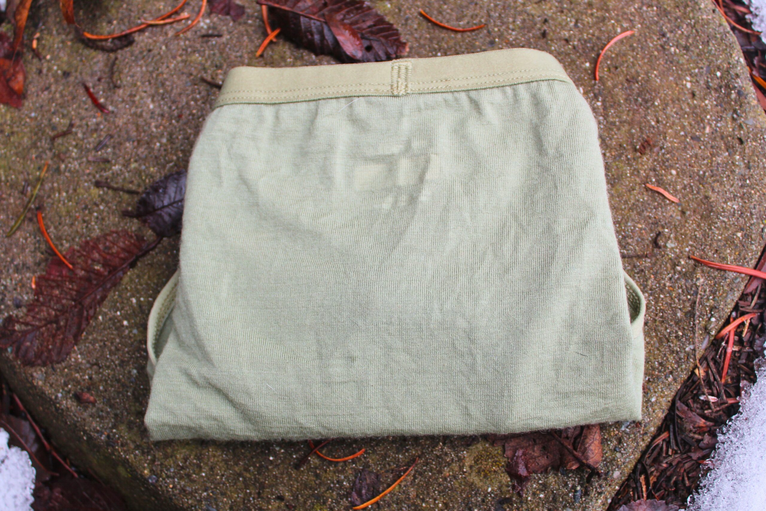 Pair of Icebreaker Women's Merino 150 Siren Hipkini underwear folded up on a rock