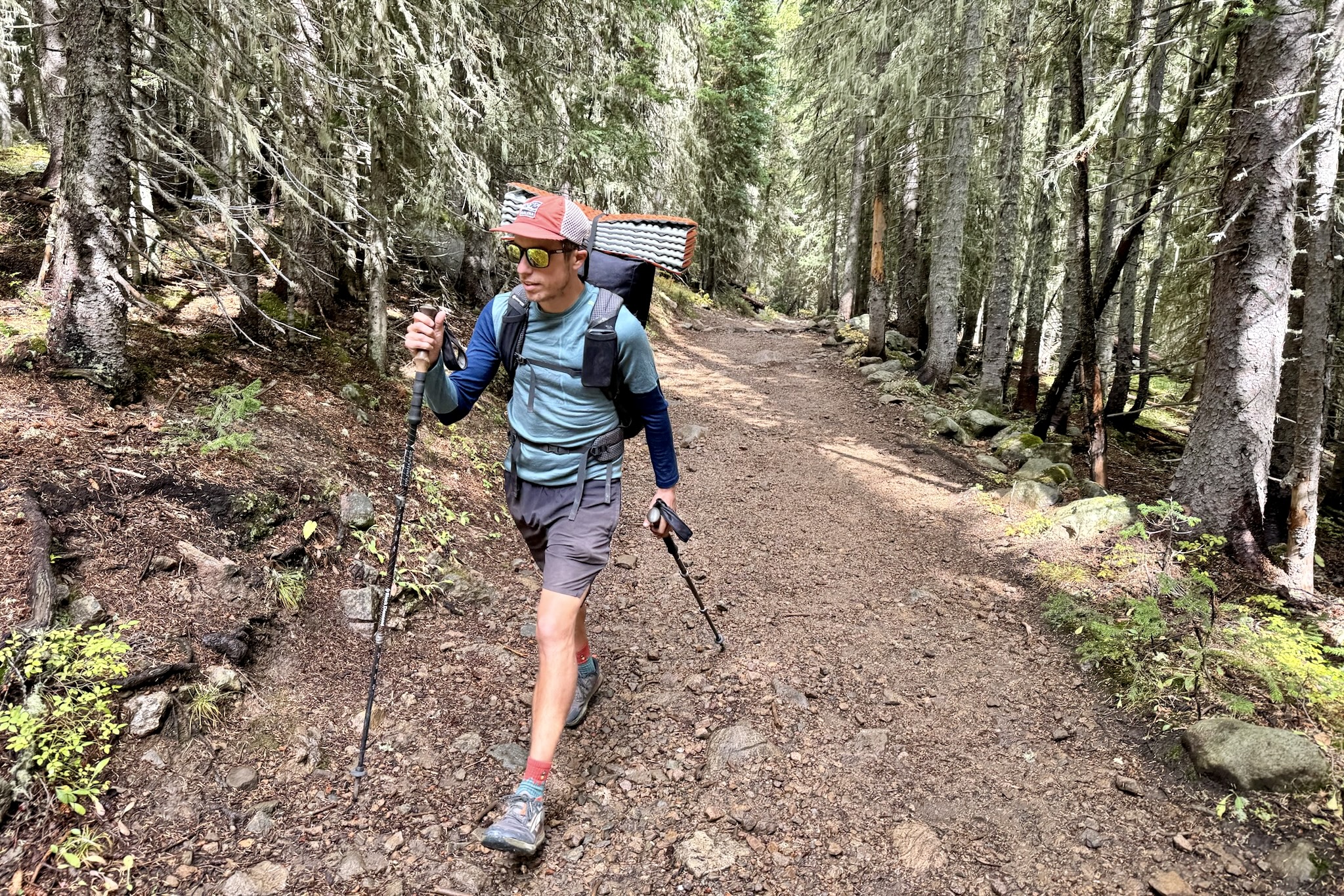 A hiker hiking through the woods with a pack and trekking poles while wearing the Ortovox Rock'n'Wool base layer. Trees and a trail are in the background.