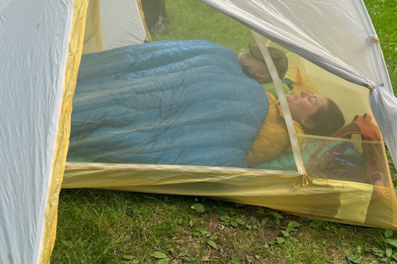 Two people using the ZPacks 20F (-7C) Twin Quilt in a tent