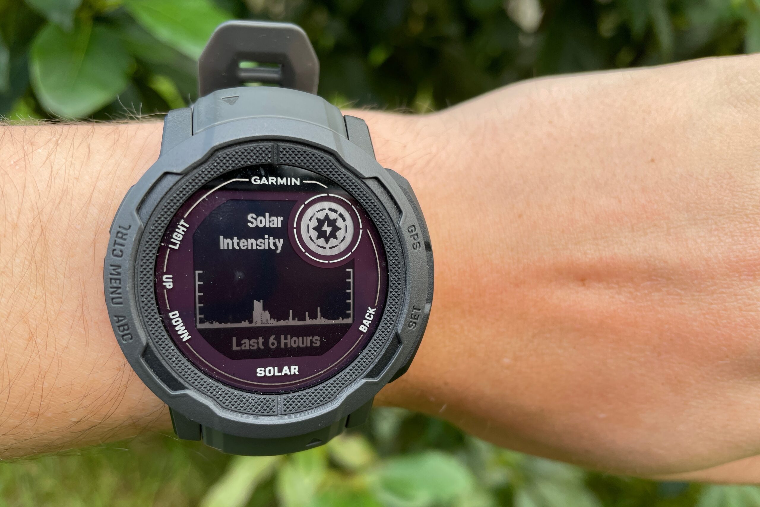 A watch face showing solar exposure.