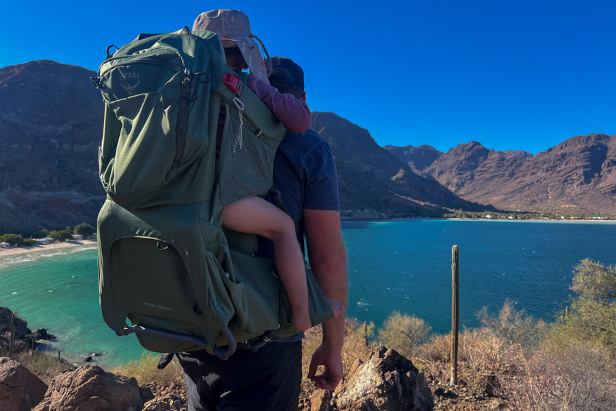 A scenic view of a person hiking along a rocky path overlooking a stunning lake and mountains, with the Osprey Poco Premium child carrier in green, carrying a child.